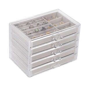 cq acrylic jewelry organizer with 5 drawers clear acrylic jewelry box gift for women mens kids and little girl stackable velvet earring display holder for earrings ring bracelet necklace holder,grey