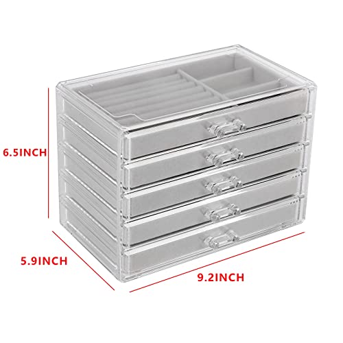 Cq acrylic Jewelry Organizer With 5 Drawers Clear Acrylic Jewelry Box Gift for Women Mens kids and Little girl Stackable Velvet Earring Display Holder for Earrings Ring Bracelet Necklace Holder,Grey