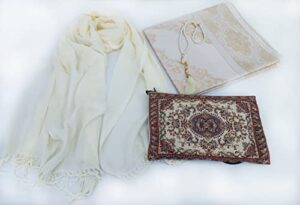 prayer rug with scarf and 99 beads,floral pouch,travel prayer rug, prayer rug gift set,taffeta prayer rug,5 it’s a lovely gift for birthday, ramadan, gift for eid. muslim gift (cream scarf set)