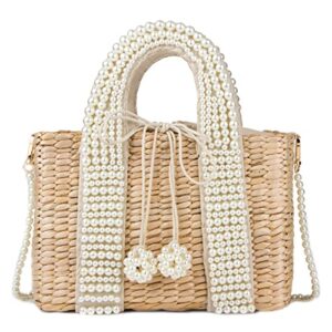 yviv1yn pearl rattan women handbags beading wicker woven shoulder bags luxury summer beach straw bag large tote baskets (color : medium, size : one size)