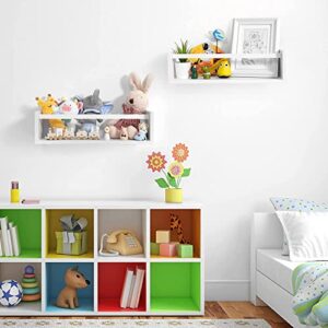 BESSLEE Floating Book Shelves for Kid’s Room, Minimalist Nursery Wall Décor Toddler Storage Natural Wood, 16” Long Bathroom Bedroom Living Room Office Hanging Organizer, Set of 2, Classic White