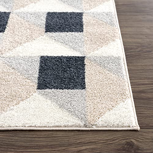 Abani Modern Print Cream & Black 4’ x 6’ Area Rug Rugs - Square Grid Pattern Contemporary No-Shed Bedroom Rug