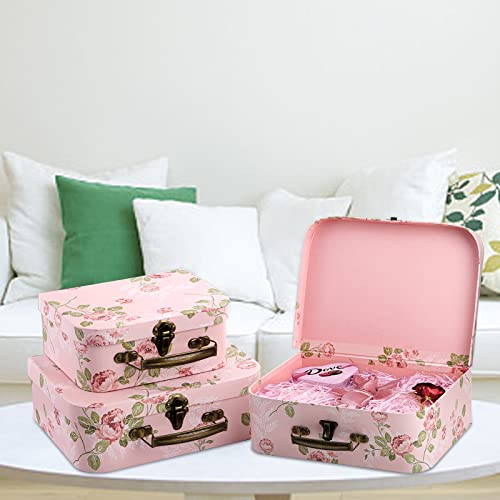 Fasmov 3 Pack Paperboard Suitcases Storage Box Decorative Storage Boxes Storage Gift Boxes With Lids for Photo Storage Home Decoration, Wedding, Birthday, Anniversary, Pink