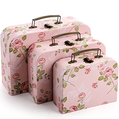 Fasmov 3 Pack Paperboard Suitcases Storage Box Decorative Storage Boxes Storage Gift Boxes With Lids for Photo Storage Home Decoration, Wedding, Birthday, Anniversary, Pink