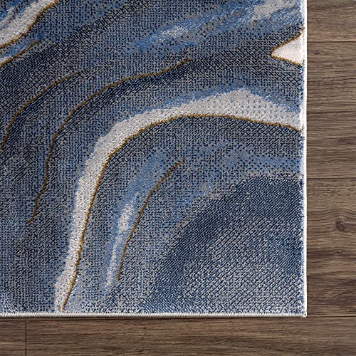 Abani Sand Wave Print Modern Blue & Grey Dining Room Rug - Non-Shedding 4’ x 6 Rugs Multicolor Swirl Pattern Area Rug