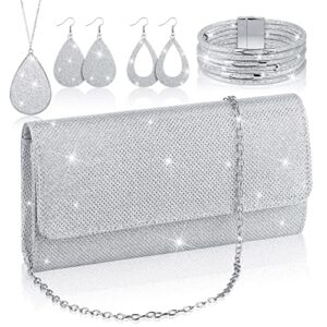 5 pcs women’s evening bag with glitter jewelry set, glitter clutch purse party handbag with chain bling teardrop pendant necklace multi layer bracelet pu leather dangle earring for lady (silver)