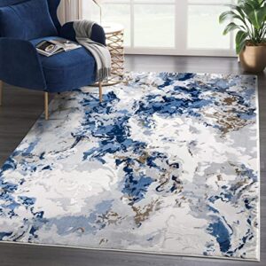 Abani Transitional Rugs Grey & Blue Swirl 5'3"x7'6" (5x8) Area Rug - Abstract Marble Watercolor No-Shed Premium Dining Room Rug