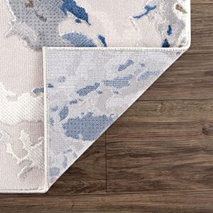 Abani Transitional Rugs Grey & Blue Swirl 5'3"x7'6" (5x8) Area Rug - Abstract Marble Watercolor No-Shed Premium Dining Room Rug