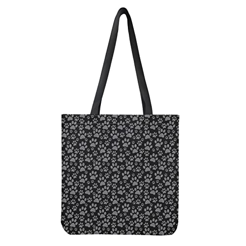 LedBack Black Grey Dog Paw Print Canvas Tote Bag for Women Girls Handbag Casual Shoulder Bag Foldable Shopping Bag