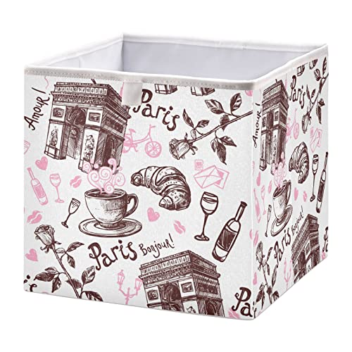 Romantic Paris Foldable Cube Storage Bins, 11 x 11 x 11 inches, Fabric Storage Baskets Bins for Nursery,Closet Shelf,Home Organization