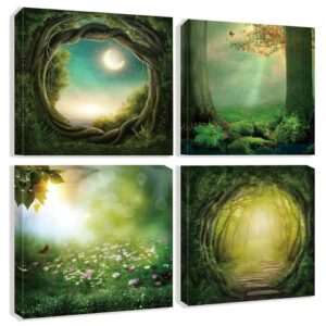 green forest wall art prints funny wonderland canvas paintings 4 pieces nature landscape pictures fairyland artwork for nursery living room bathroom 12″x12″
