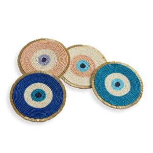folkulture beaded coasters for drinks or coffee table, 4″ round decorative coasters, cute coasters for table décor, boho coaster set for cocktail, evil eye coaster for farmhouse