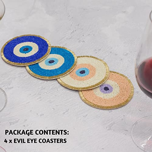 Folkulture Beaded Coasters for Drinks or Coffee Table, 4" Round Decorative Coasters, Cute Coasters for Table Décor, Boho Coaster Set for Cocktail, Evil Eye Coaster for Farmhouse