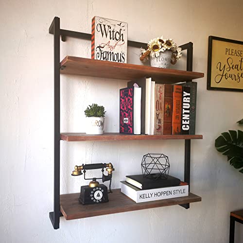 Industrial Shelves,3 Tier Iron Shelving Rustic Metal Floating Shelf,24 in Solid Wood Planks Wall Mounted Bookshelf,Farmhouse Wall Hanging Storage Rack for Bedroom,Bar,Bathroom.ZHOYUEXIN