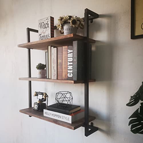 Industrial Shelves,3 Tier Iron Shelving Rustic Metal Floating Shelf,24 in Solid Wood Planks Wall Mounted Bookshelf,Farmhouse Wall Hanging Storage Rack for Bedroom,Bar,Bathroom.ZHOYUEXIN