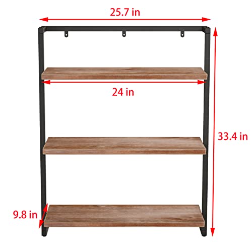 Industrial Shelves,3 Tier Iron Shelving Rustic Metal Floating Shelf,24 in Solid Wood Planks Wall Mounted Bookshelf,Farmhouse Wall Hanging Storage Rack for Bedroom,Bar,Bathroom.ZHOYUEXIN