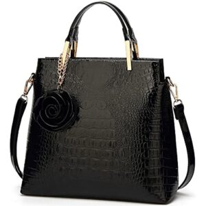 xingchen shiny patent leather women handbag crocodile pattern shoulder bag flower pendant top handle tote satchel purse black