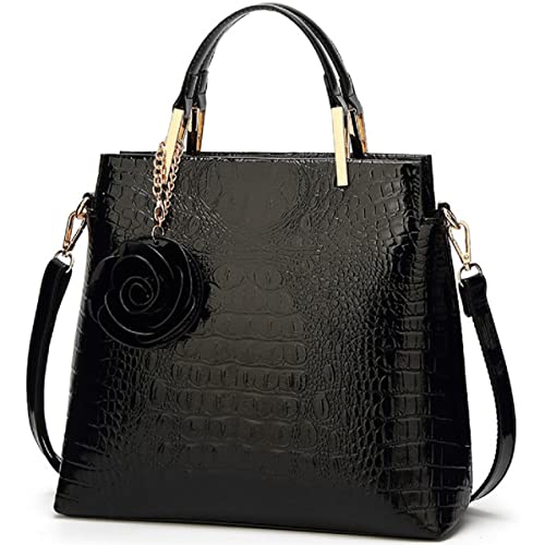 XingChen Shiny Patent Leather Women Handbag Crocodile Pattern Shoulder Bag Flower Pendant Top Handle Tote Satchel Purse Black