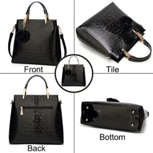 XingChen Shiny Patent Leather Women Handbag Crocodile Pattern Shoulder Bag Flower Pendant Top Handle Tote Satchel Purse Black