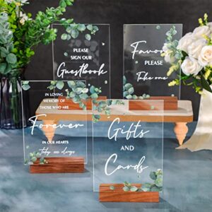 4 pcs acrylic wedding reception signs with wood stand clear gifts and cards sign with holder please sign our guestbook 5 x 7 inch rustic calligraphy wedding sign for wedding ceremony reception(leaves)