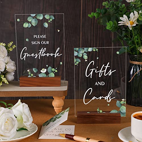 4 Pcs Acrylic Wedding Reception Signs with Wood Stand Clear Gifts and Cards Sign with Holder Please Sign Our Guestbook 5 x 7 Inch Rustic Calligraphy Wedding Sign for Wedding Ceremony Reception(Leaves)