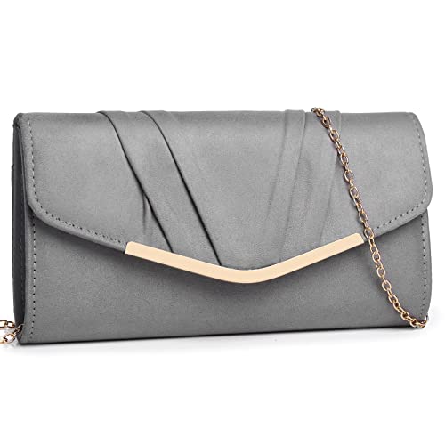 DETARA Women Evening Bag Suede Pleated Clutch Purse Envelope Clutches Wedding Party Bridal Purse (Grey)