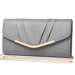 DETARA Women Evening Bag Suede Pleated Clutch Purse Envelope Clutches Wedding Party Bridal Purse (Grey)