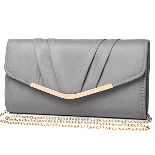 DETARA Women Evening Bag Suede Pleated Clutch Purse Envelope Clutches Wedding Party Bridal Purse (Grey)