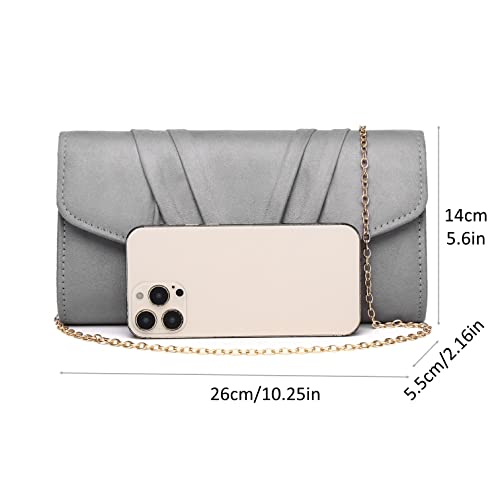 DETARA Women Evening Bag Suede Pleated Clutch Purse Envelope Clutches Wedding Party Bridal Purse (Grey)