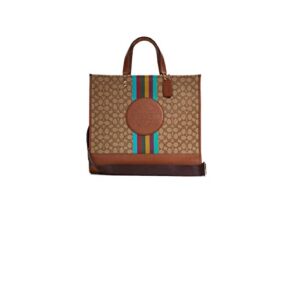 coach dempsey tote 40 inch signature jacquard with stripe and coach patch, brown multi