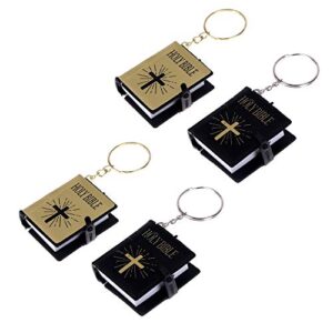 raynag 4 pack cute little bibles keychain miniature real bible keyrings pendant, holy bible with christian jesus cross