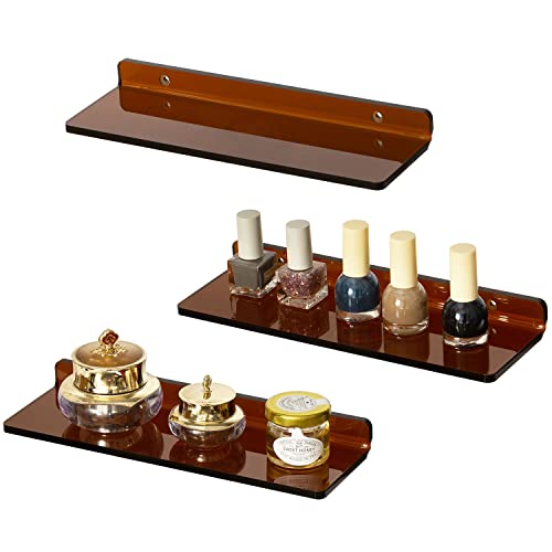 MyGift Transparent Amber Acrylic Wall Shelf, Decorative Storage Display Floating Ledge Shelf Rack, Set of 3