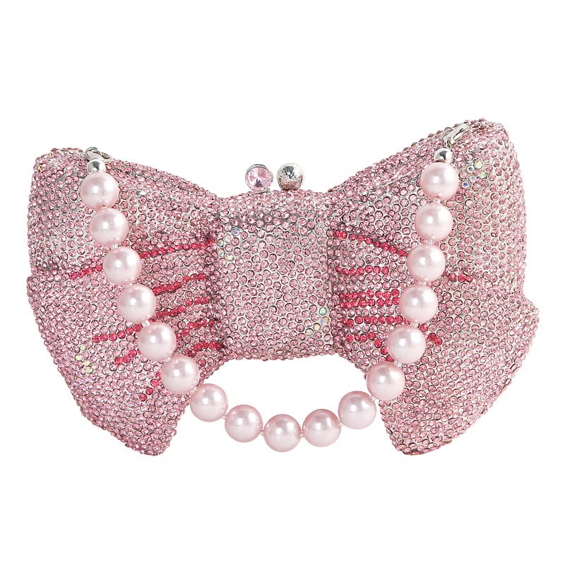 Tngan Women Luxury Bowknot Shaped Evening Clutch Sparkling Rhinestones Handbag for Banquet Wedding Party, Pink 2