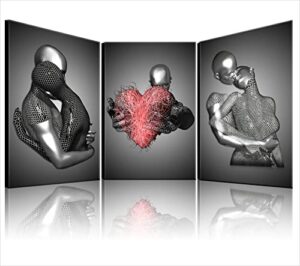 framed 3 pcs love heart 3d wall art metal sculpture romantic couple hug abstract art prints posters decor grey black and white canvas printsfor bedroom living room bathroom hotel valentine’s day