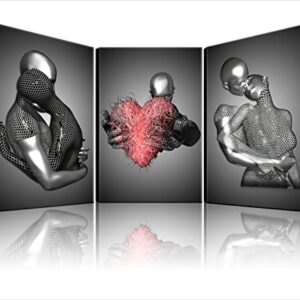 Framed 3 Pcs Love Heart 3d Wall Art Metal Sculpture Romantic Couple Hug Abstract Art Prints Posters Decor Grey Black and White Canvas Printsfor Bedroom Living Room Bathroom Hotel Valentine'S Day