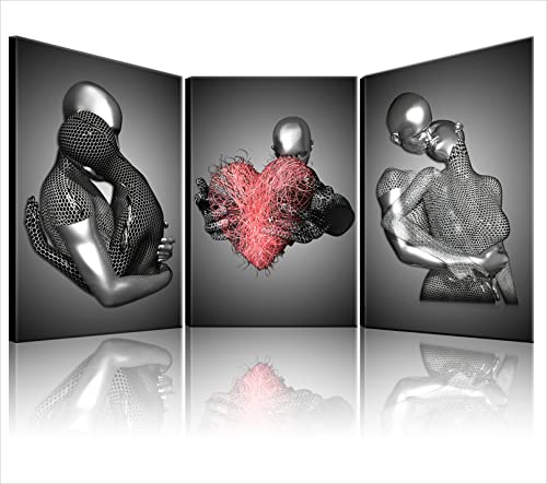 Framed 3 Pcs Love Heart 3d Wall Art Metal Sculpture Romantic Couple Hug Abstract Art Prints Posters Decor Grey Black and White Canvas Printsfor Bedroom Living Room Bathroom Hotel Valentine'S Day