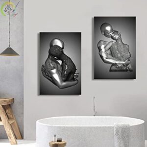 Framed 3 Pcs Love Heart 3d Wall Art Metal Sculpture Romantic Couple Hug Abstract Art Prints Posters Decor Grey Black and White Canvas Printsfor Bedroom Living Room Bathroom Hotel Valentine'S Day