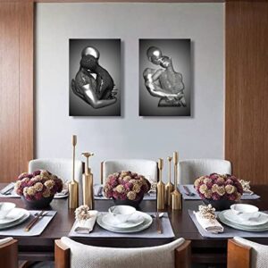 Framed 3 Pcs Love Heart 3d Wall Art Metal Sculpture Romantic Couple Hug Abstract Art Prints Posters Decor Grey Black and White Canvas Printsfor Bedroom Living Room Bathroom Hotel Valentine'S Day