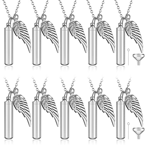 10 Pieces Angel Wing Memorial Keepsake Cylinder Cremation Ashes Necklace Urn Necklaces Holder for Cremation Keepsakes for Men Stainless Jewelry with Filling Kit (0.31 x 1.54 Inch, Silver)