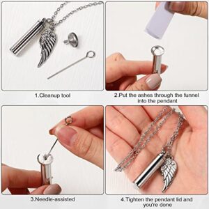 10 Pieces Angel Wing Memorial Keepsake Cylinder Cremation Ashes Necklace Urn Necklaces Holder for Cremation Keepsakes for Men Stainless Jewelry with Filling Kit (0.31 x 1.54 Inch, Silver)