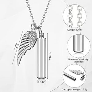 10 Pieces Angel Wing Memorial Keepsake Cylinder Cremation Ashes Necklace Urn Necklaces Holder for Cremation Keepsakes for Men Stainless Jewelry with Filling Kit (0.31 x 1.54 Inch, Silver)