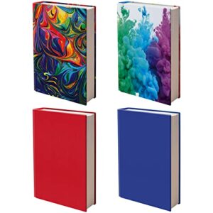 easy apply stretchable book cover 4 pack. 2 solid and 2 design standard jackets fit hardcover textbooks up to 8″ x 10″. adhesive-free, nylon fabric protectors. washable, reusable student school supply