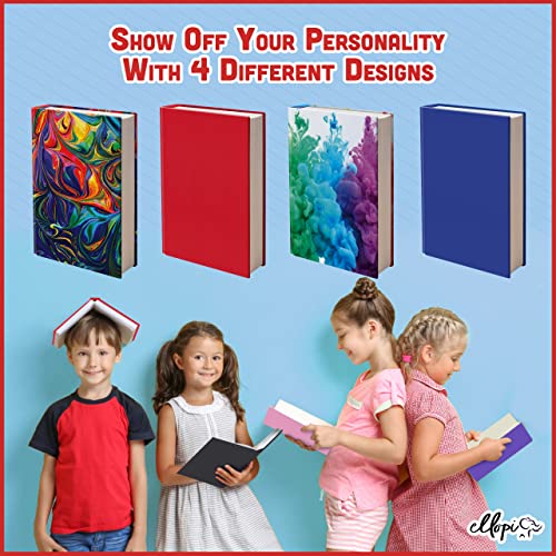 Easy Apply Stretchable Book Cover 4 Pack. 2 Solid and 2 Design Standard Jackets Fit Hardcover Textbooks Up to 8" x 10". Adhesive-Free, Nylon Fabric Protectors. Washable, Reusable Student School Supply