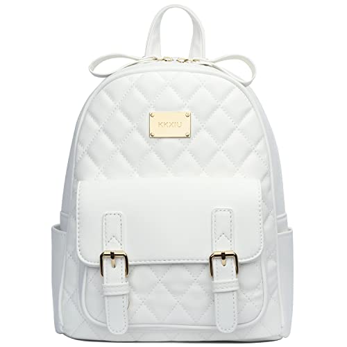 KKXIU Quilted Women Small Backpack Purse Synthetic Leather Cute Mini Daypack Fashion Bookbag for Teen Girls (White)