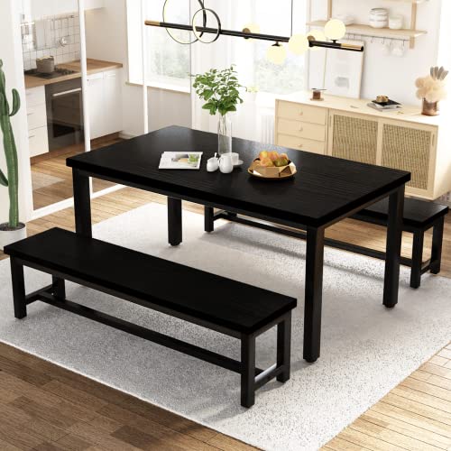 AWQM Dining Room Table Set, Kitchen Table Set with 2 Benches, Ideal for Home, Kitchen and Dining Room, Breakfast Table of 43.3x23.6x28.5 inches, Benches of 38.5x11.8x17.5 inches, Black