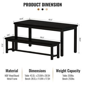 AWQM Dining Room Table Set, Kitchen Table Set with 2 Benches, Ideal for Home, Kitchen and Dining Room, Breakfast Table of 43.3x23.6x28.5 inches, Benches of 38.5x11.8x17.5 inches, Black