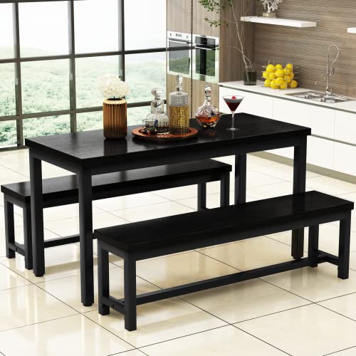 AWQM Dining Room Table Set, Kitchen Table Set with 2 Benches, Ideal for Home, Kitchen and Dining Room, Breakfast Table of 43.3x23.6x28.5 inches, Benches of 38.5x11.8x17.5 inches, Black