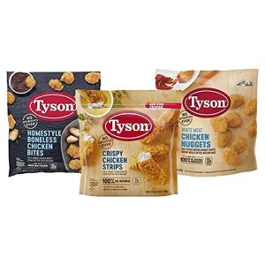 gourmet kitchn tyson chicken frozen meals bundle (12.5 lbs) – 1 homestyle boneless bites (4 lb), white meat nuggets (5 crispy strips (3.5 lb) all natural, ready to eat, 3 pack