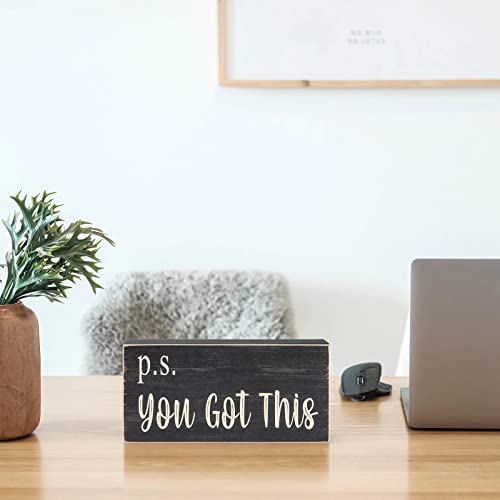 Esur Motivational Home Office Desk Black Decor - Farmhouse Wooden Box Sign Gift for Women - P.S. You Got This