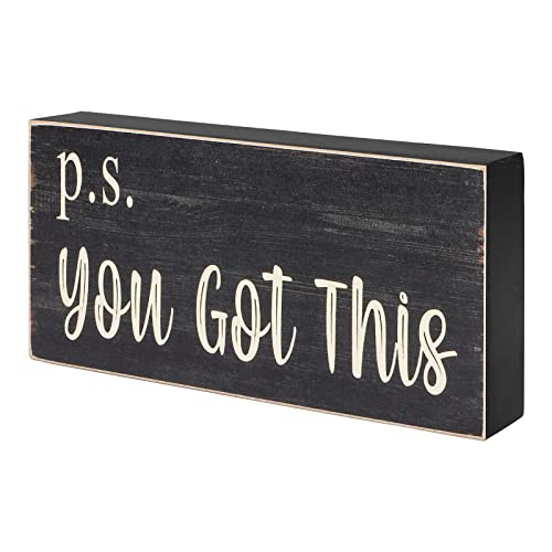 Esur Motivational Home Office Desk Black Decor - Farmhouse Wooden Box Sign Gift for Women - P.S. You Got This